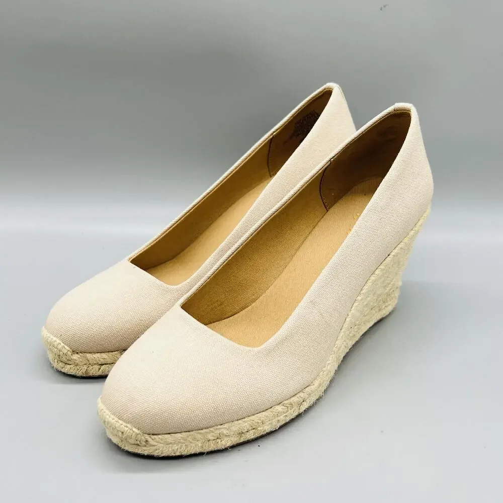 J Crew Shoes Womens 7.5 Beige Cotton Espadrille Wedge Heels Round Toe Slip On